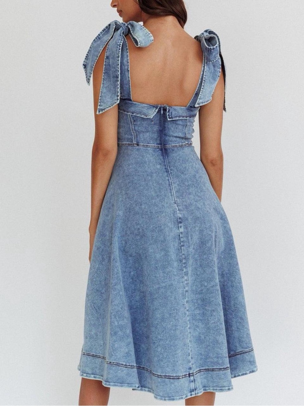 Selfie Leslie Jeanie Bow Shoulder Denim Midi Dress Blue Wash Medium - Picture 2 of 9